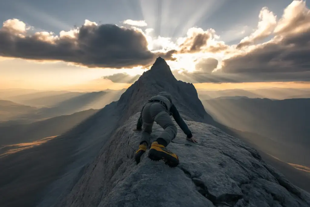 A determined climber with an unstoppable mindset ascending a rugged mountain, symbolizing the mental toughness needed for lasting success. Develop an unstoppable mindset