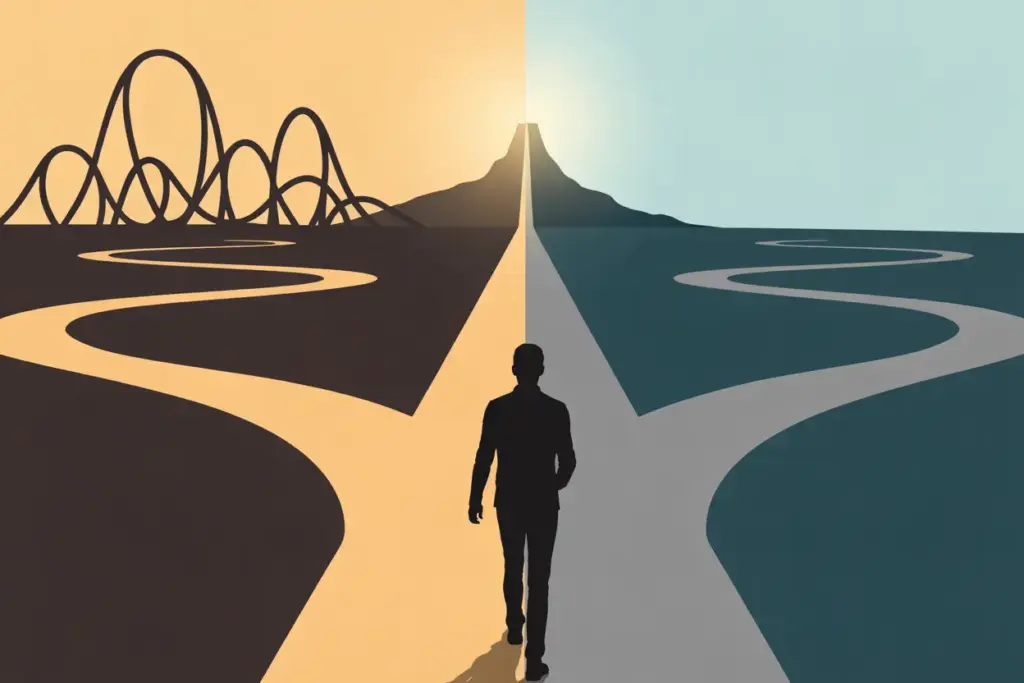 Illustration of a person choosing the steady path of discipline over the volatile rollercoaster of motivation to achieve long-term goals. Discipline Without Motivation