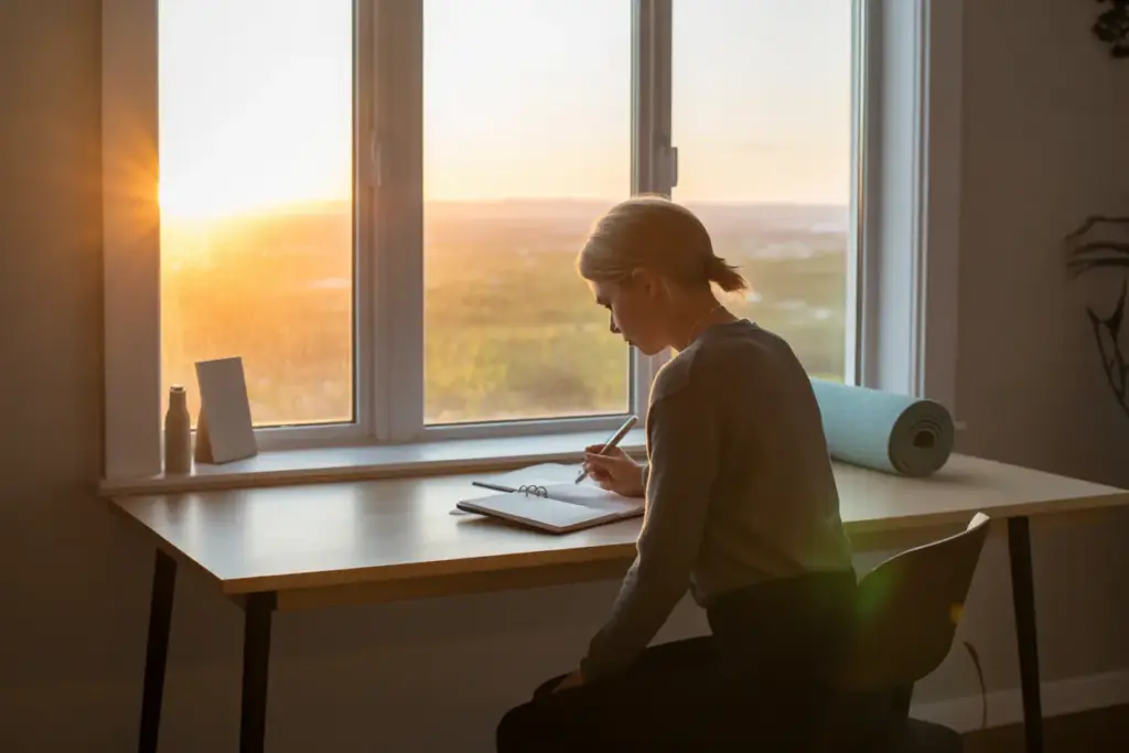 A person practicing morning routine discipline by planning their day at sunrise to boost productivity.