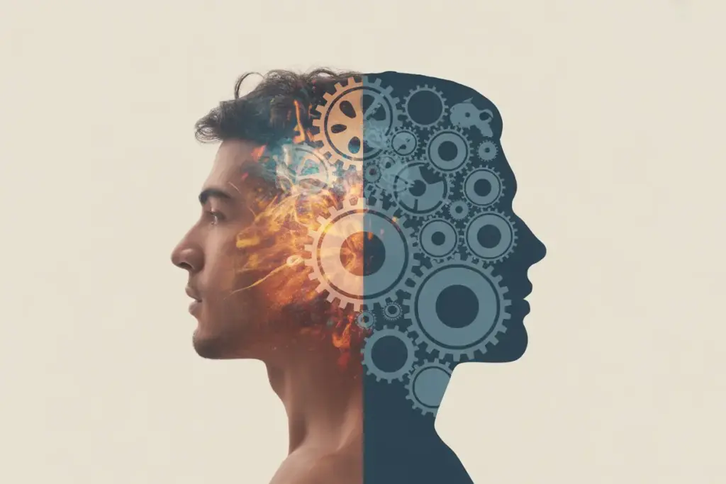 Conceptual illustration showing the difference between motivation, represented by chaotic sparks, and discipline, represented by orderly gears, within a human mind. Motivation vs Discipline