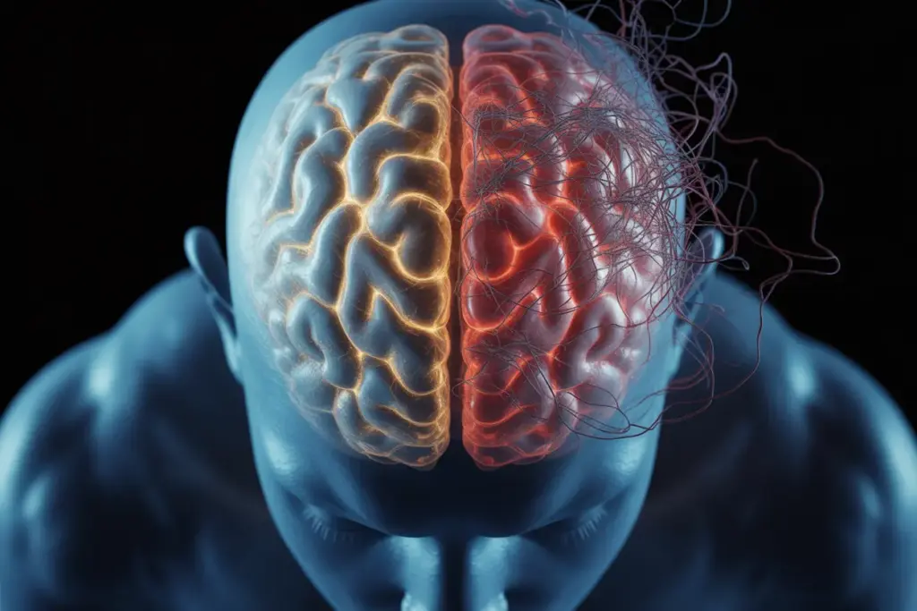 A conceptual image on rituals in psychology, showing a brain with one side calm and structured and the other chaotic and tangled, symbolizing the difference between healthy rituals and compulsive behaviors.