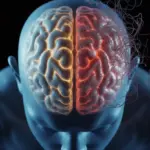 A conceptual image on rituals in psychology, showing a brain with one side calm and structured and the other chaotic and tangled, symbolizing the difference between healthy rituals and compulsive behaviors.