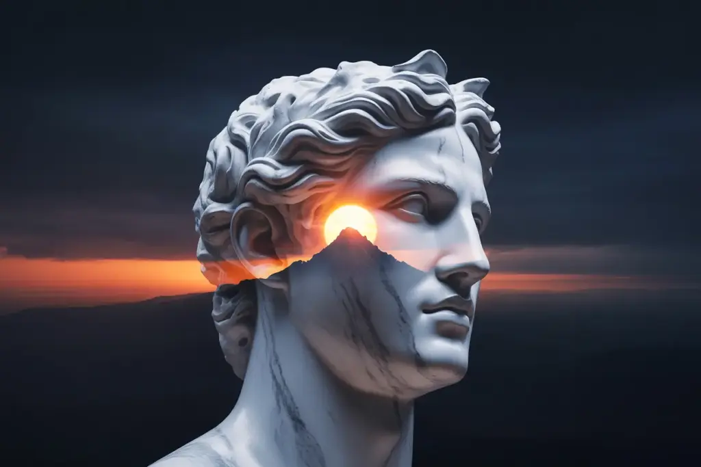 An inspiring image of a classical statue's head with a radiant sunrise inside, symbolizing how famous mindset quotes inspire growth and success.