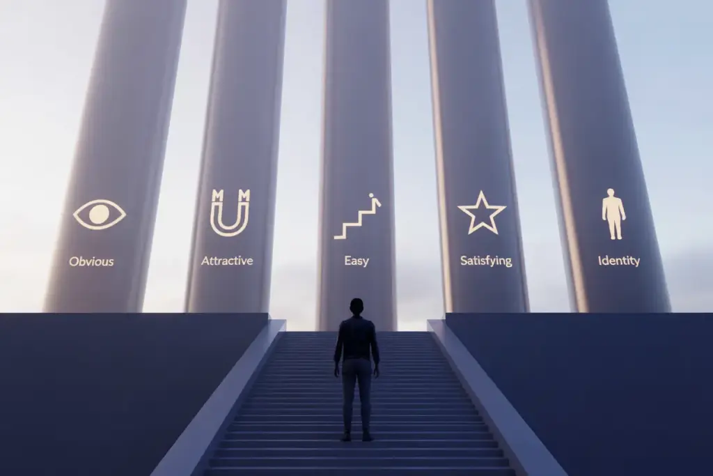 A person stands before five glowing pillars representing the Big Five Atomic Habits: Obvious, Attractive, Easy, Satisfying, and Identity.