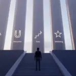 A person stands before five glowing pillars representing the Big Five Atomic Habits: Obvious, Attractive, Easy, Satisfying, and Identity.