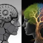 Illustration comparing a fixed mindset, shown as a rigid, static brain, versus a growth mindset, depicted as a vibrant, growing tree of knowledge. Fixed vs Growth Mindset