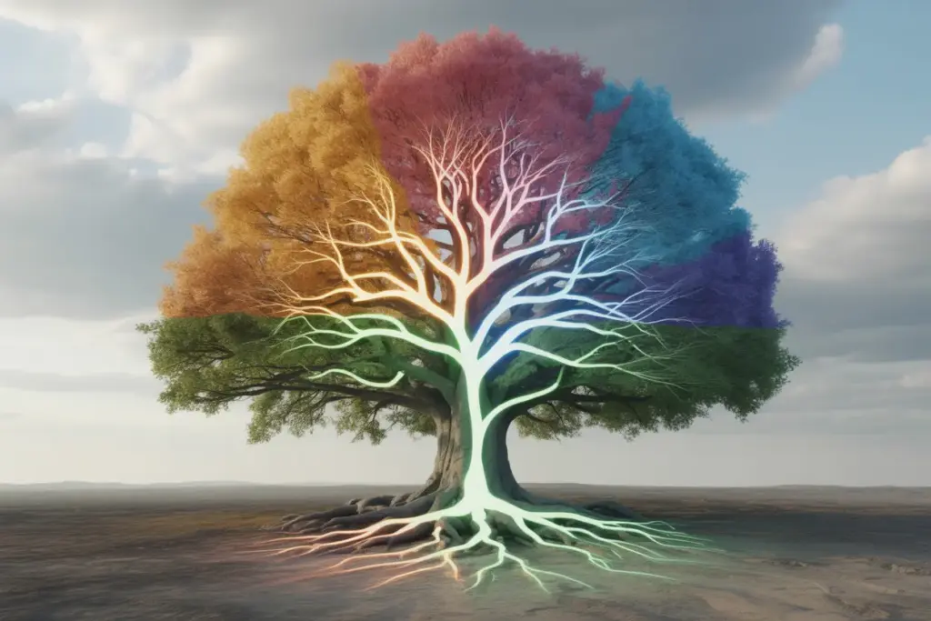 An illustration of a strong tree symbolizing the four types of resilience: physical, mental, emotional, and social, working together to build strength.