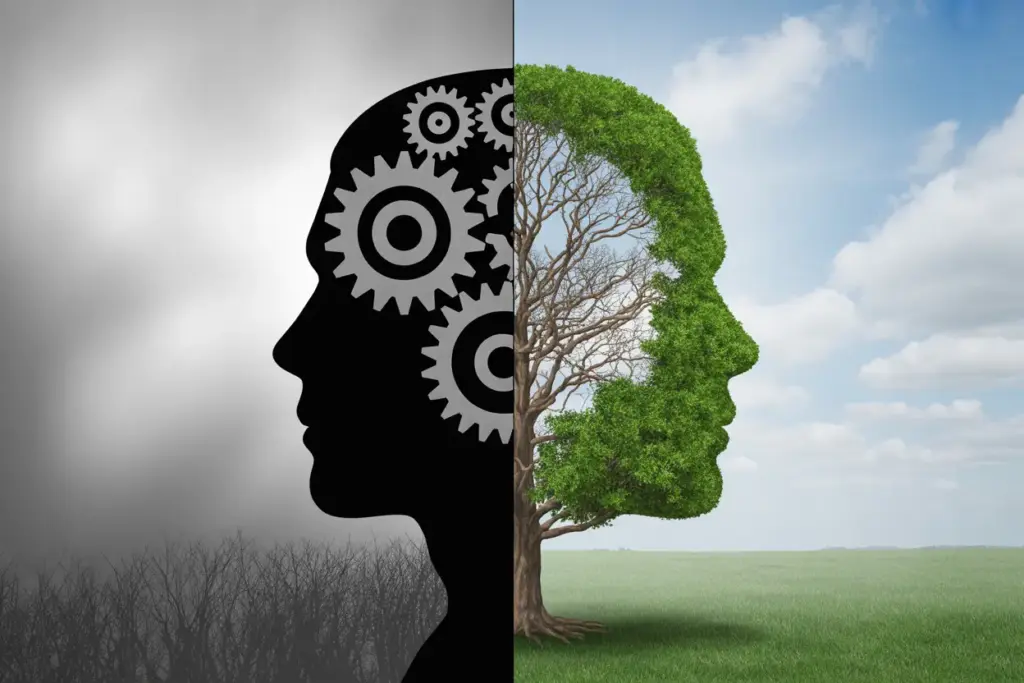 A conceptual illustration showing the contrast between a growth mindset, represented by a flourishing tree in a human head, and a fixed mindset, represented by locked gears. growth mindset vs fixed mindset