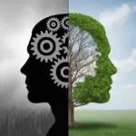 A conceptual illustration showing the contrast between a growth mindset, represented by a flourishing tree in a human head, and a fixed mindset, represented by locked gears. growth mindset vs fixed mindset