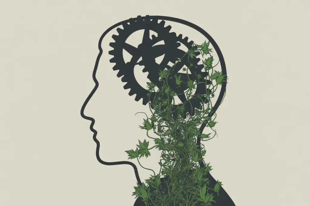 An illustration showing the characteristics of a growth mindset: a human head silhouette filled with intertwined gears and growing plants, symbolizing the development of abilities through effort.