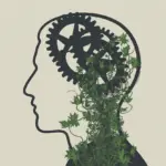 An illustration showing the characteristics of a growth mindset: a human head silhouette filled with intertwined gears and growing plants, symbolizing the development of abilities through effort.