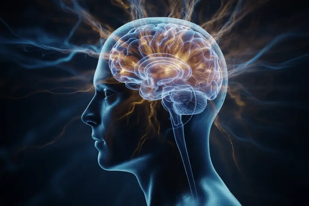 An artistic depiction of mental resilience science, showing a human silhouette with a glowing, powerful network of neural pathways representing a strong and resilient brain.