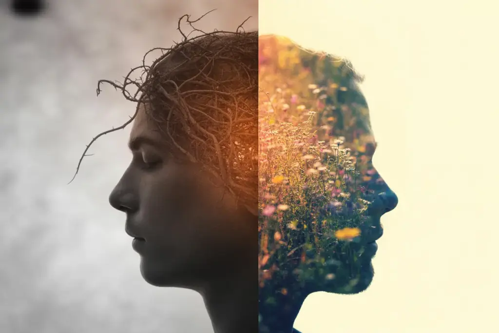 An illustration showing a positive mindset change, with a brain transforming from tangled chaos to a flourishing garden of growth. positive quotes to change mindset