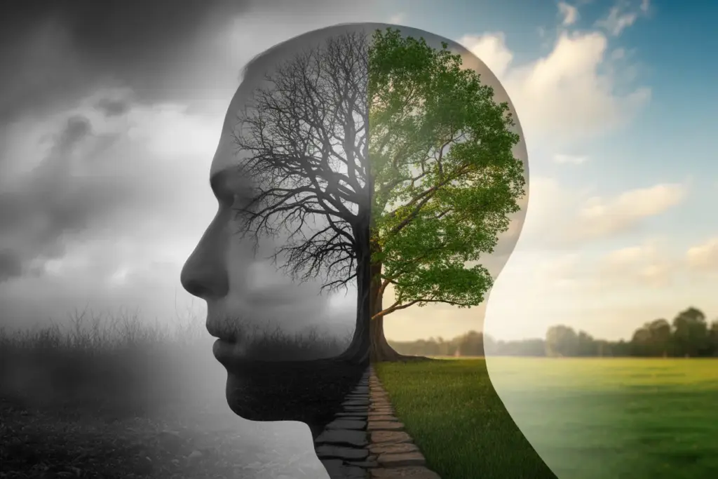 Symbolic image of life-changing mindset shifts showing a head divided between a tangled, dead-end path and a vibrant, upward path representing personal growth.