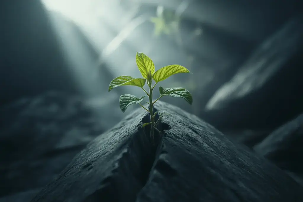 A photorealistic image of a single luminous plant, symbolizing What is a resilient person like, growing tenaciously from a crack in a dark, rugged rock.