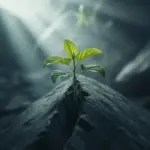 A photorealistic image of a single luminous plant, symbolizing What is a resilient person like, growing tenaciously from a crack in a dark, rugged rock.