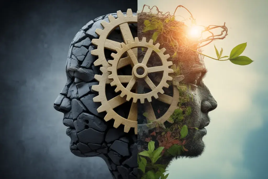 Illustration of a mindset shift, showing a head transforming from a fixed mindset with rigid gears to a growth mindset with vibrant, flourishing plants. how long to shift mindset