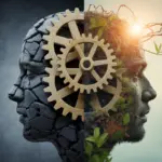 Illustration of a mindset shift, showing a head transforming from a fixed mindset with rigid gears to a growth mindset with vibrant, flourishing plants. how long to shift mindset