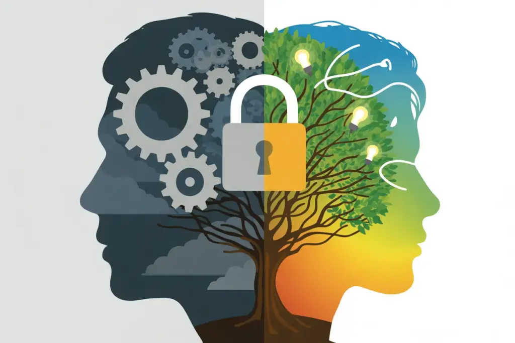 An illustration of a mindset shift, showing a brain transforming from a fixed mindset with gears to a growth mindset with a flourishing tree. mindset shifts