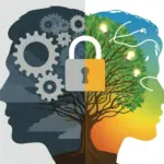 An illustration of a mindset shift, showing a brain transforming from a fixed mindset with gears to a growth mindset with a flourishing tree. mindset shifts