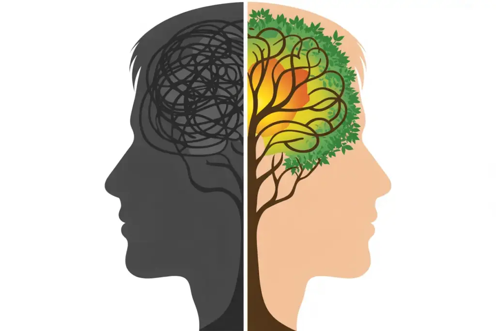 Illustration of a mindset shift for lasting growth, showing a brain transitioning from a tangled, fixed state to an open, flourishing state. how to shift your mindset