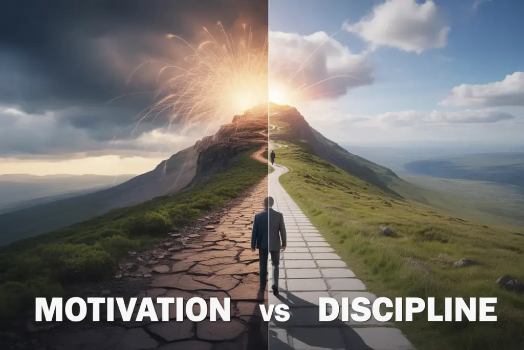 An allegorical image showing the difference between motivation vs discipline. One path starts with a bright spark but fades, while the other is a steady, consistent path leading to a mountain peak, symbolizing long-term success through discipline.