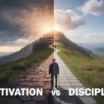 An allegorical image showing the difference between motivation vs discipline. One path starts with a bright spark but fades, while the other is a steady, consistent path leading to a mountain peak, symbolizing long-term success through discipline.