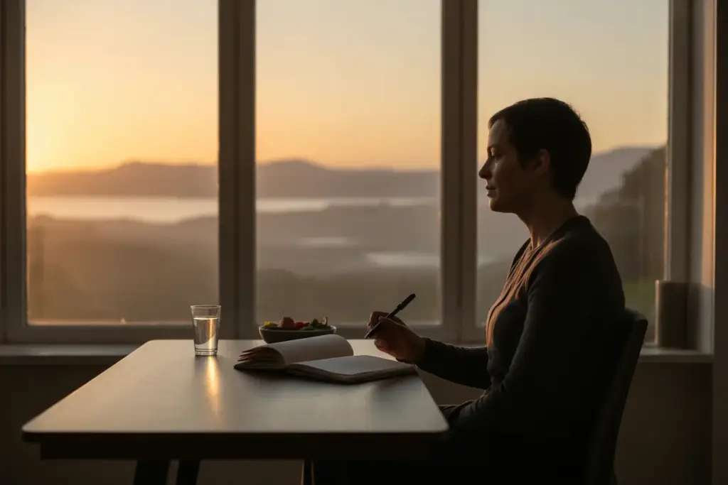 A person practicing disciplined morning habits by journaling at a desk with a healthy breakfast, watching the sunrise through a large window.