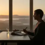 A person practicing disciplined morning habits by journaling at a desk with a healthy breakfast, watching the sunrise through a large window.