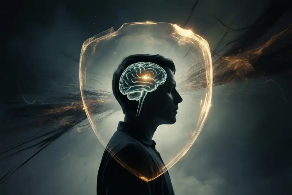 A digital illustration showing the mental toughness mindset as a glowing shield protecting a calm mind from external stress and adversity.