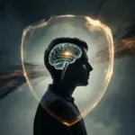 A digital illustration showing the mental toughness mindset as a glowing shield protecting a calm mind from external stress and adversity.