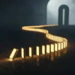 A visual representation of practicing atomic habits, showing a small domino starting a chain reaction leading to a massive outcome, symbolizing lasting change.