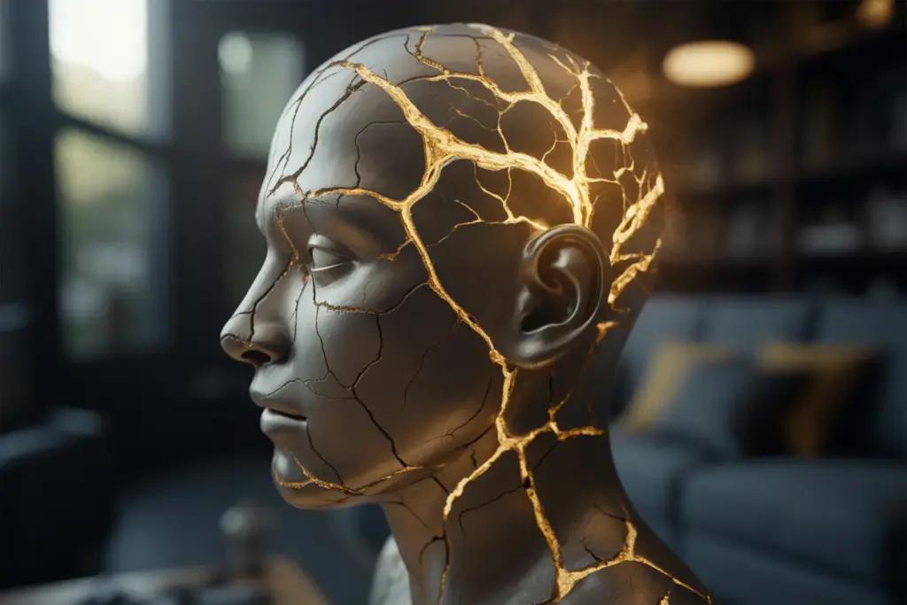 Symbolic image of psychological resilience, showing a cracked head repaired with gold, representing mental strength and healing from adversity.