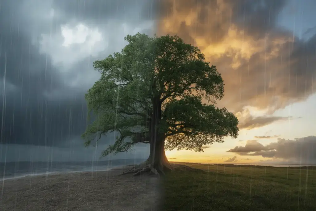 A resilient oak tree stands strong during a storm, symbolizing the Meaning Resilient Person who endures adversity.
