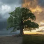 A resilient oak tree stands strong during a storm, symbolizing the Meaning Resilient Person who endures adversity.