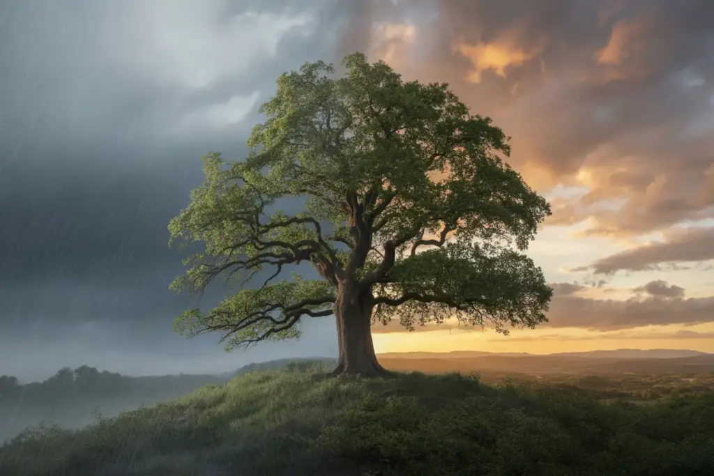 A strong tree symbolizing being a resilient person, standing firm against a storm and emerging into sunlight, representing growth through adversity.