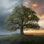 A strong tree symbolizing being a resilient person, standing firm against a storm and emerging into sunlight, representing growth through adversity.