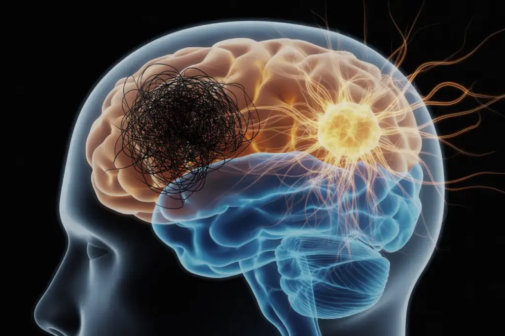 An illustration showing the concept of rewiring the brain to break bad habits, with glowing new neural pathways replacing old tangled ones, symbolizing neuroplasticity.
