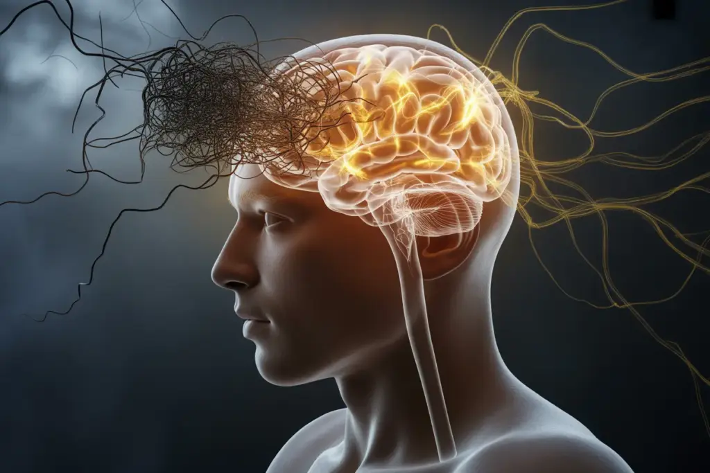 An abstract illustration of a brain being rewired, symbolizing the process of eliminating bad habits by replacing tangled, dark pathways with glowing, organized ones.