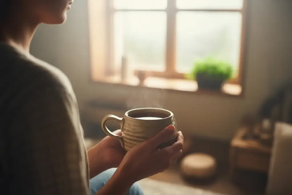 A person practices a morning Mindfulness Rituals, holding a warm cup of tea to find a moment of presence and calm.