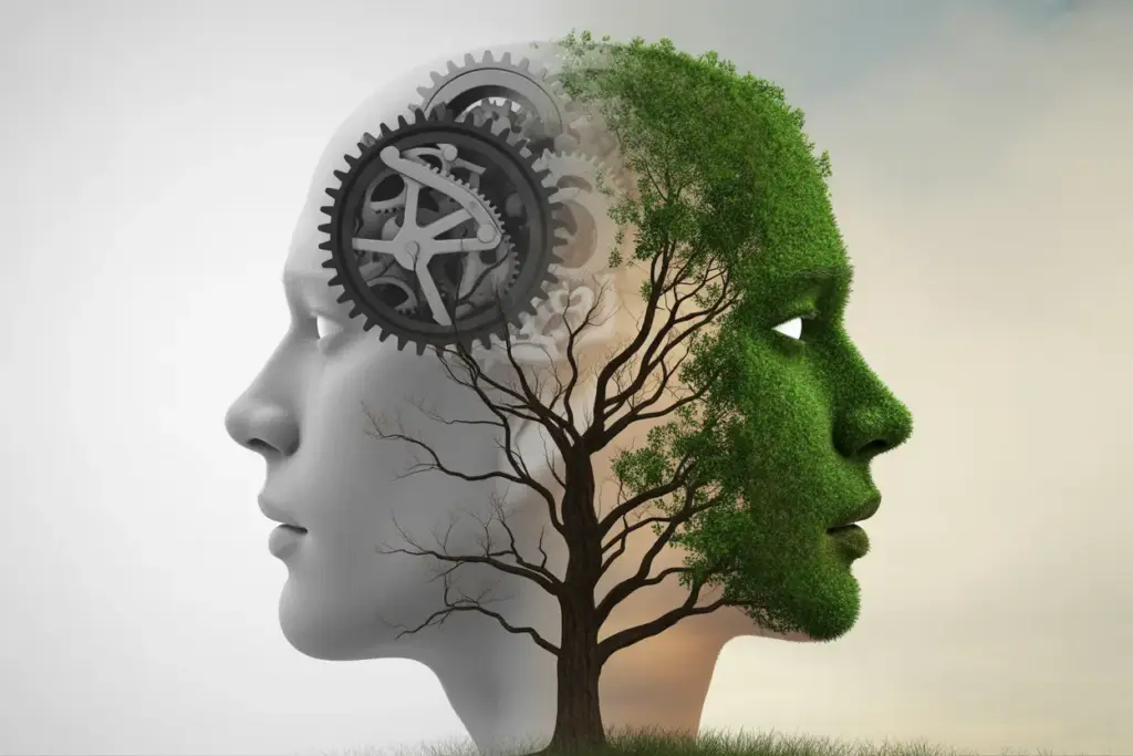 Illustration showing a shift from a fixed to a growth mindset. One half of a brain has rigid gears, the other has a flourishing tree. Shift from fixed to growth mindset