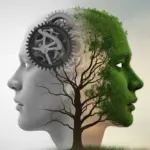 Illustration showing a shift from a fixed to a growth mindset. One half of a brain has rigid gears, the other has a flourishing tree. Shift from fixed to growth mindset