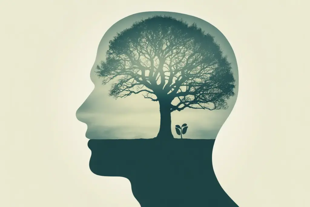 Illustration of a strong growth mindset, with a human head silhouette where a vibrant tree grows from the brain, symbolizing development and potential.