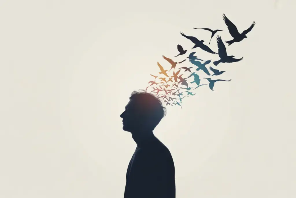 Illustration of a person's head in profile with birds flying out, symbolizing a "What is a free-minded person" and mental freedom from prejudice.