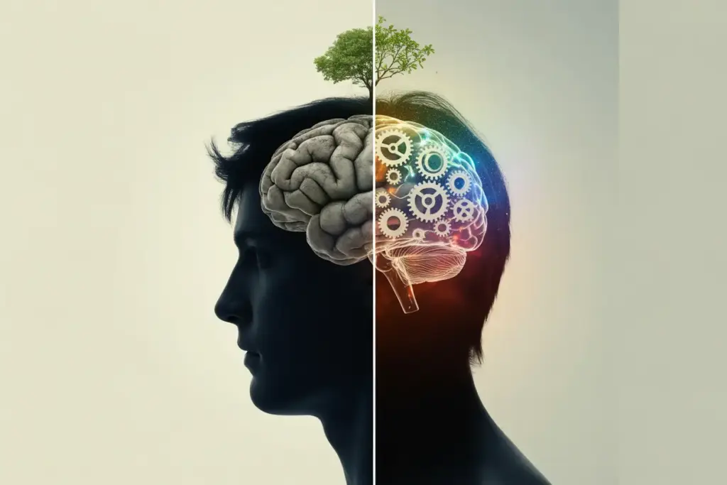 A symbolic illustration showing the difference between a growth mindset, depicted as a vibrant, growing brain, and a fixed mindset, shown as a rigid stone brain. Growth Mindset Quotes