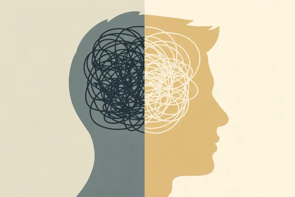 An illustration symbolizing a Mindset Shift Synonyms, showing a brain's transition from chaotic thoughts to a clear, organized mental outlook, representing mental transformation.