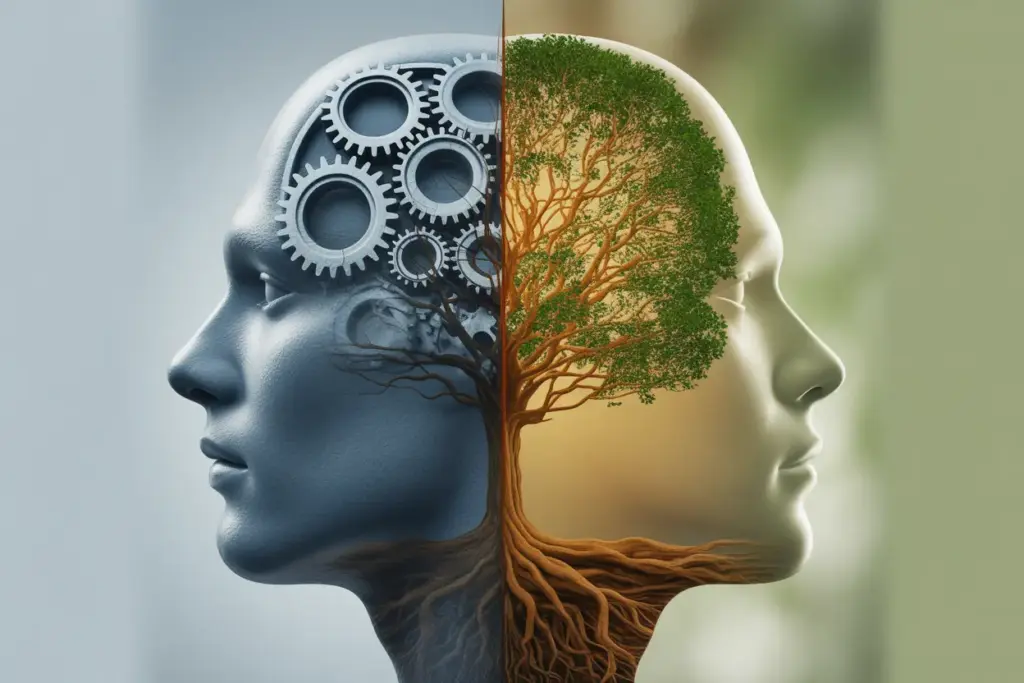 An illustration showing the blend of mental toughness, represented by gears, and a growth mindset, represented by a growing tree, within a human mind. mental toughness vs growth mindset