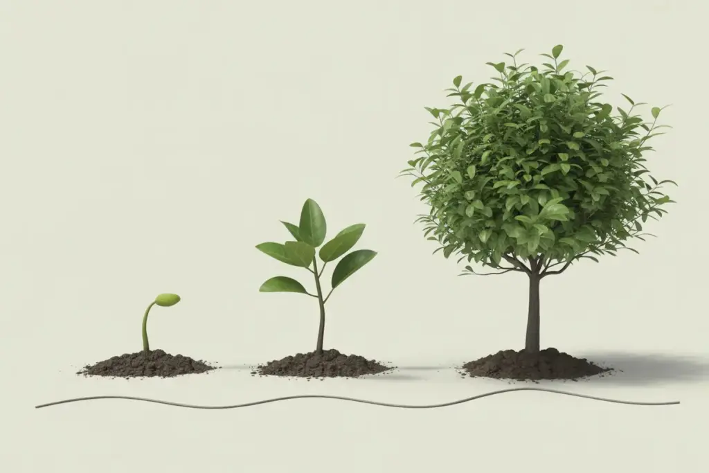 An illustration showing the 3 3 3 rule for habits, with a plant growing from a sprout (3 days), to a sapling (3 weeks), to a tree (3 months).