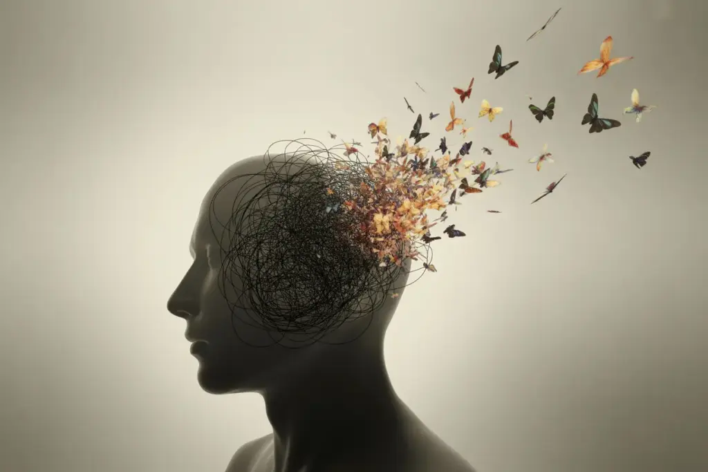 Illustration of a mindset shift, showing a silhouette of a head with chaotic thoughts transforming into colorful butterflies, symbolizing Free Your Mindset.