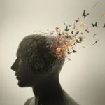 Illustration of a mindset shift, showing a silhouette of a head with chaotic thoughts transforming into colorful butterflies, symbolizing Free Your Mindset.